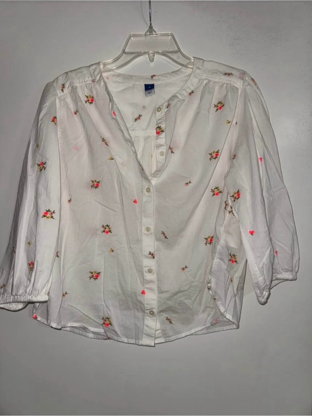 Old Navy White Floral Button-Front Blouse with Pink and Green Accents